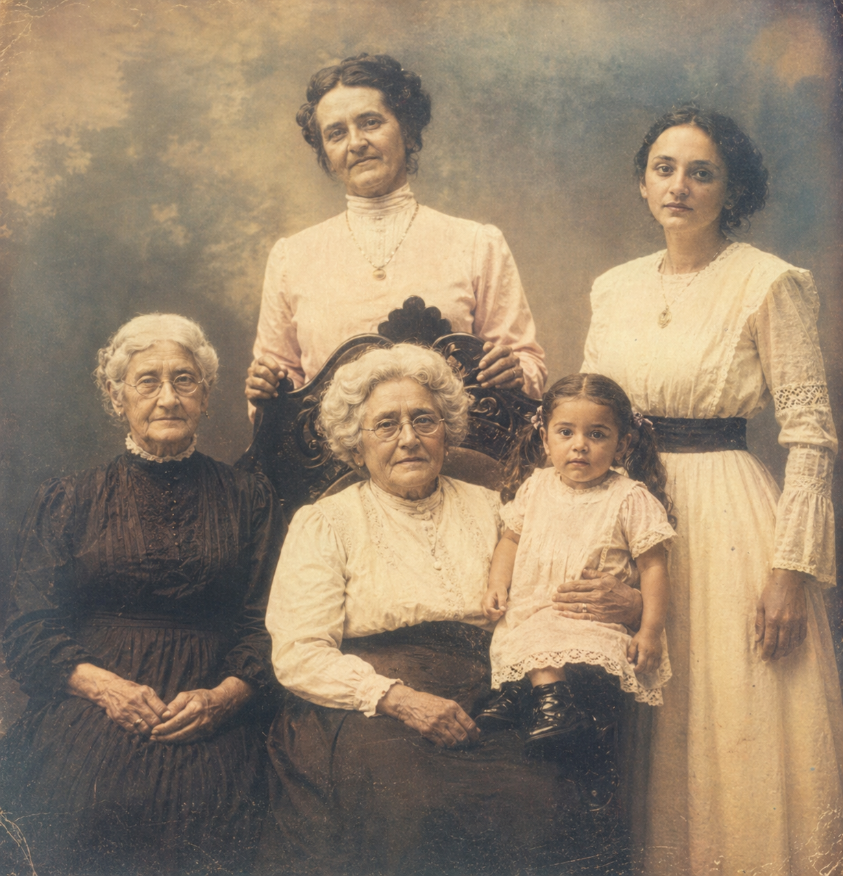 Vintage sepia portrait of young Xandra surrounded by four generations of her grandmothers