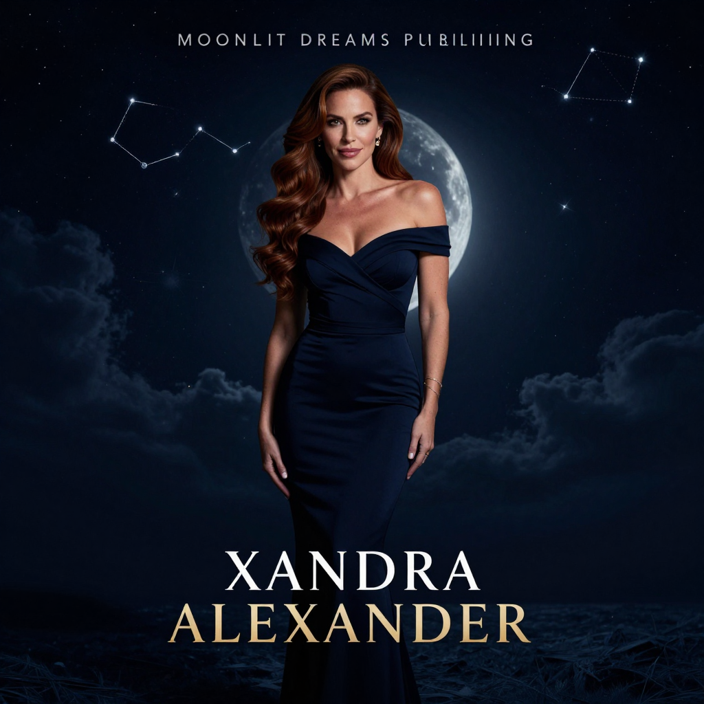 Back book cover featuring Xandra Alexander beneath constellations and a full moon
