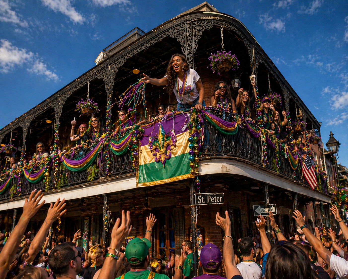Xandra tossing Mardi Gras beads from a French Quarter balcony to a cheering crowd below