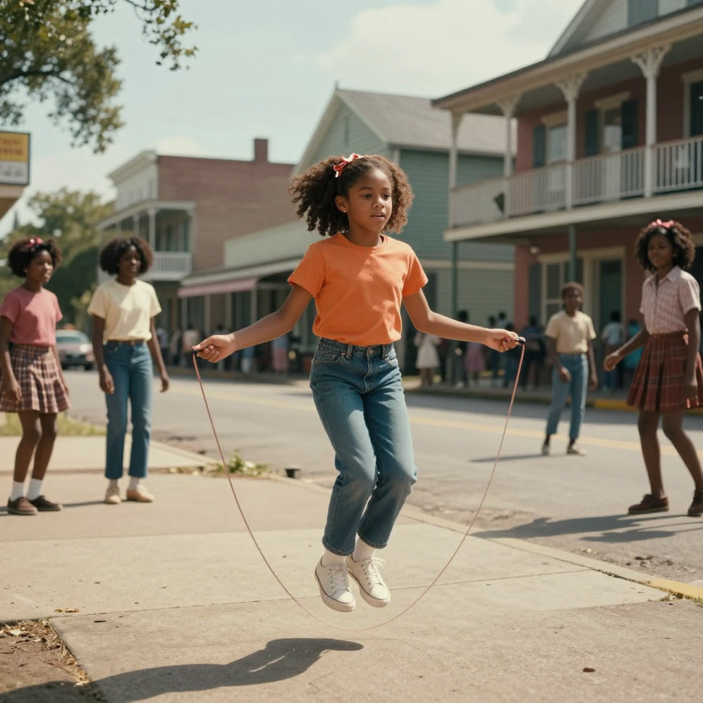 Young Xandra jumping rope on a sunny New Iberia street with friends watching